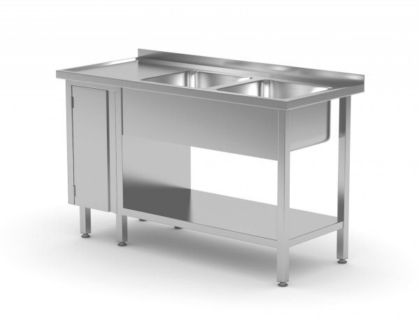 Stół z dwoma zlewami, półką i szafką z drzwiami na zawiasach - komory po prawej stronie 1400 x 700 x 850 mm POLGAST 226147-P 226147-P