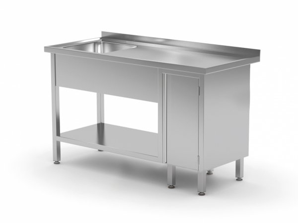 Stół ze zlewem, półką i szafką z drzwiami na zawiasach - komora po lewej stronie 1000 x 600 x 850 mm POLGAST 216106-L 216106-L
