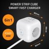 Qoltec Kostka zasilająca przedłużacz 6w1 z podświetlanym włącznikiem |  3x AC | 2x USB | 1x USB-C PD 20W | biała | kabel 2m