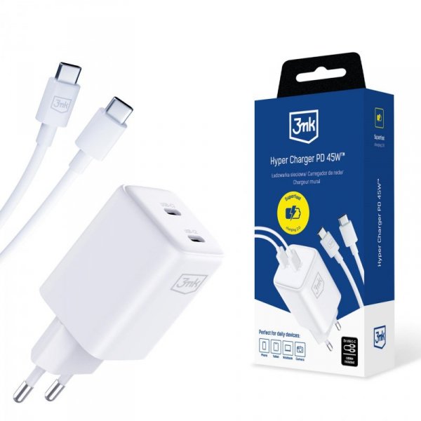 Ładowarka sieciowa 3mk Hyper Charger PD 45W+USB Cable C to C White
