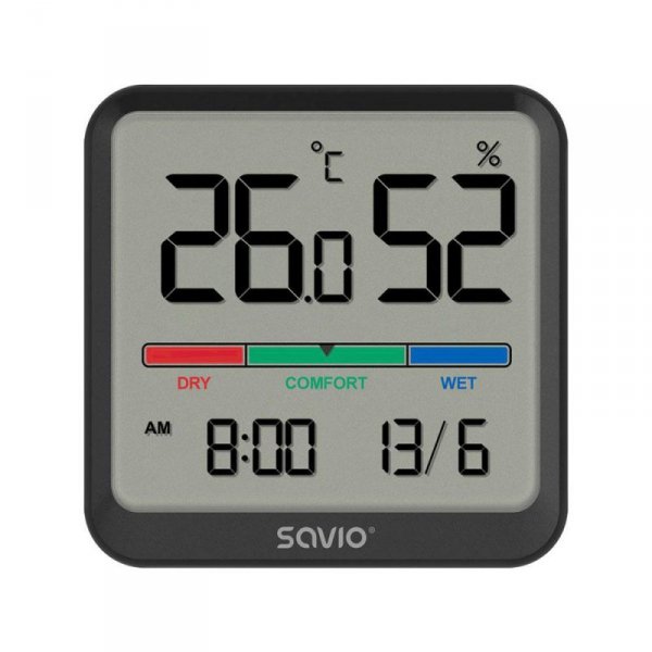 Czujnik temperatury i wilgotności SAVIO CT-01/B, ekran LCD, do użytku wewnętrznego, zegar, data
