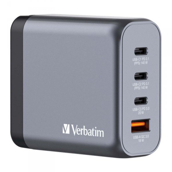 Ładowarka sieciowa Verbatim GaN GNC-140 3xUSB-C PD (2x140W+20W) 1xUSB-A QC 3.0 - OTW OPAK