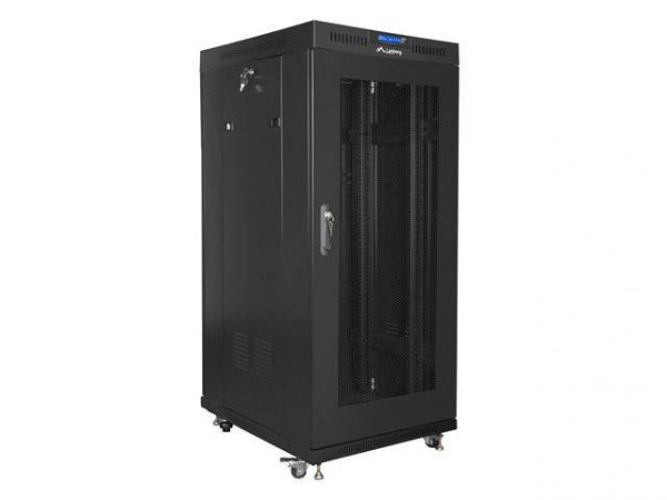 Szafa instalacyjna Rack stojąca 19&quot; 27U 600x800 czarna drzwi perforowane LCD Lanberg (flat pack)