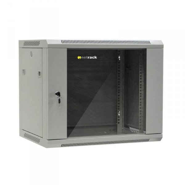 Szafa wisząca 19&quot; Netrack, 9U/600x450mm – szary, drzwi szklane, otwierane boki