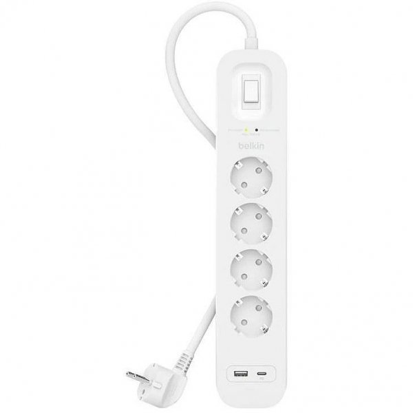 Listwa zasilająca Belkin Power Surge 4-PORT + 1xUSB-A +1xUSB-C 2.4A PD 525J 2m White Schuko