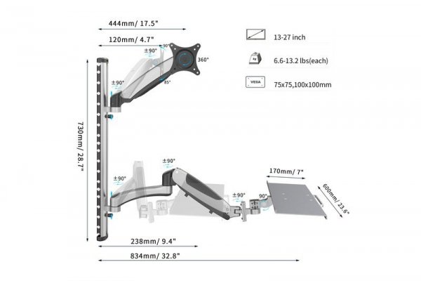 Digitus Ramię naścienne pojedyncze, 1xLCD + klawiatura, max. 27&quot;, max. 8kg, uchylno-obrotowe 360° (PIVOT)