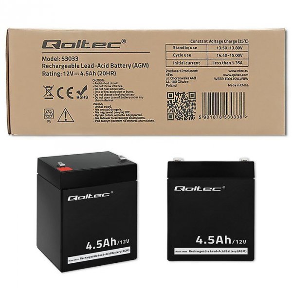 Qoltec Akumulator AGM | 12V | 4.5Ah | max.1.35A