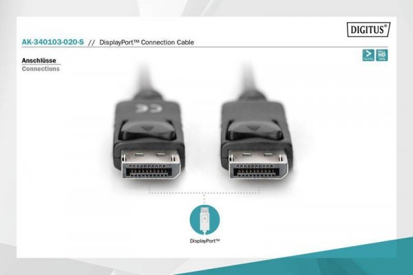 Digitus Kabel połączeniowy DisplayPort z zatrzaskami 1080p 60Hz FHD Typ DP/DP M/M czarny 2m