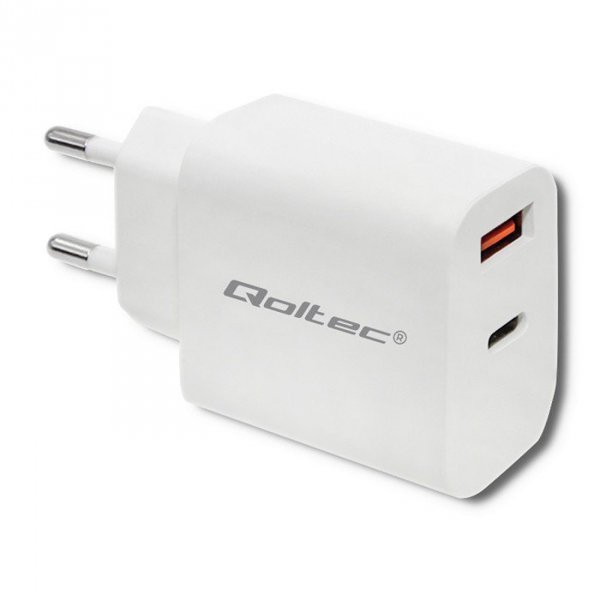 Qoltec Ładowarka sieciowa | 18W | 5-12V | 1.5-3A | USB typ C PD |  USB QC 3.0 | Biała
