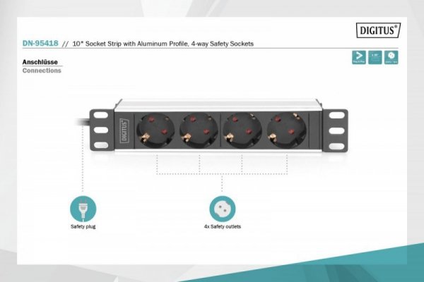 Digitus Listwa zasilająca do szaf 10&quot; RACK 4xSchuko, 2m 1xUnischuko, 16A, aluminiowa