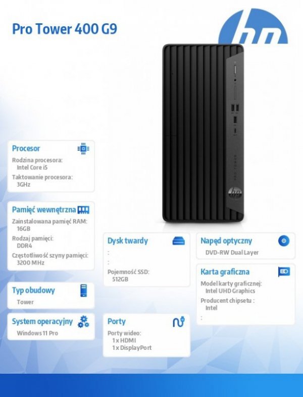 HP Inc. Desktop 400MT G9 i5-12500 512/16/DVD/W11P  6A837EA