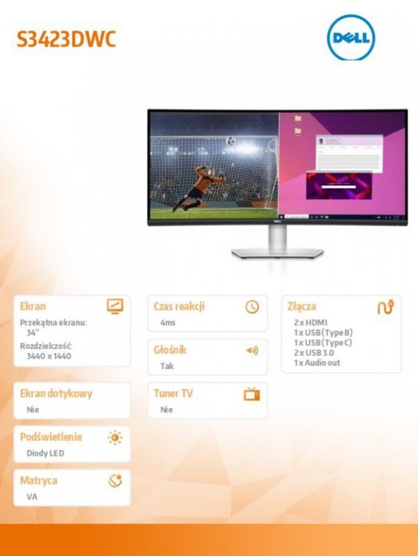 Dell Monitor S3423DWC 34 cali Curved AMD FreeSync VA LED 100Hz WQHD (3440x1440)/2xHDMI/USB-C/USB/Anti-glare 3H hardness/3Y AES&P