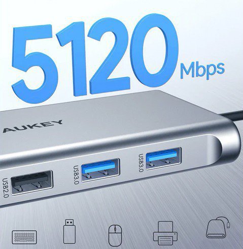 AUKEY CB-C89 aluminiowy Hub USB-C | 10w1 | RJ45 Ethernet 10/100/1000Mbps | 4xUSB | HDMI 4k@30Hz | SD i microSD | USB-C Power Del