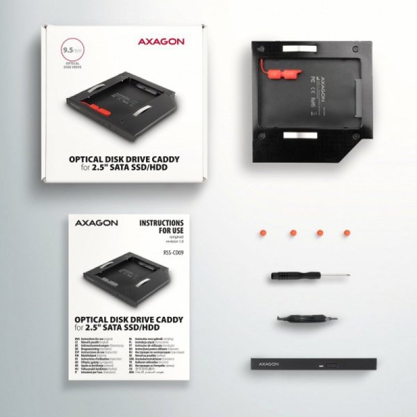 AXAGON RSS-CD09 Ramka na 2,5&quot; SSD-HDD do gniazda DVD, 9.5mm LED aluminium