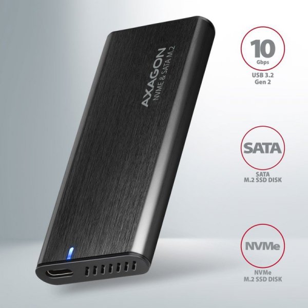 AXAGON EEM2-SB2 Obudowa zewnętrzna aluminiowa bezśrubowa USB-C 3.2 Gen 2 - M.2 NVMe / SATA SSD 30-80mm ALU pudełko czarne + USB-