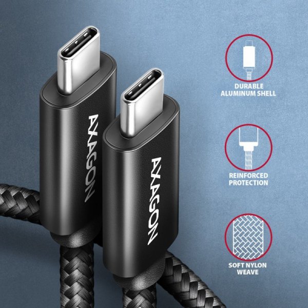 AXAGON BUCM2-CM20AB Kabel USB-C - USB-C, 2.0m 5A charging, ALU, 240W PD, oplot, USB2.0, czarny