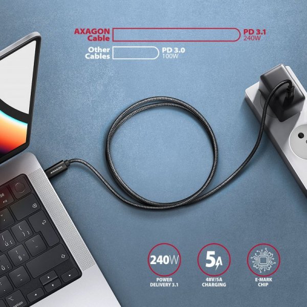 AXAGON BUCM2-CM20AB Kabel USB-C - USB-C, 2.0m 5A charging, ALU, 240W PD, oplot, USB2.0, czarny