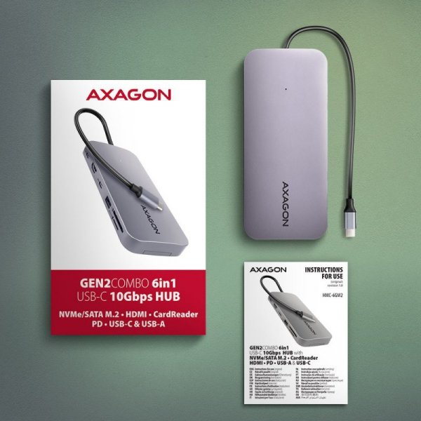 AXAGON HMC-6GM2 Wieloportovy hub USB 6in1, 10Gbps, USB-A, USB-C, HDMI 4K/60Hz, M.2 NVMe/SATA, SD/microSD, PD 100W, 20cm USB-C ka