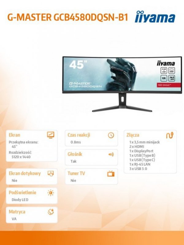 IIYAMA Monitor 45 cali G-Master GCB4580DQSN-B1, VA,DQHD,165HZ,USB-C-DOCK,RJ45,32:9,  1500R,450cd/m2,3000:1,0.8ms,3xUSB,2xHDMI,1x