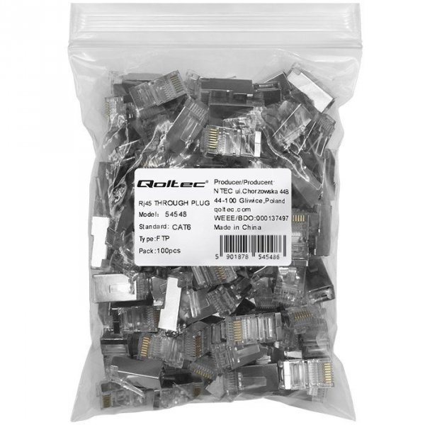Qoltec Wtyk przelotowy złącze RJ45 | CAT6 | FTP | Pass Through |  Pozłacane styki | 100 sztuk