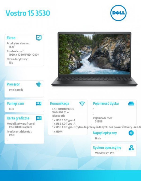 Dell Notebook Vostro 15 (3530) Win11Pro i5-1334U/8GB/512GB SSD/15.6 FHD 120Hz/Intel UHD/FgrPr/FHD Cam/Mic/WLAN + BT/Backlit Kb/3