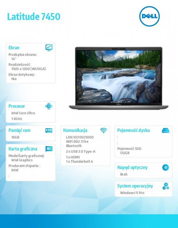 Dell Notebook Latitude 7450 Win11Pro Ultra 7 165U/16GB/512GB SSD Gen4/14.0 FHD+ 250nits/Integrated/FgrPr&SmtCd/FHD/IRCam/Mic/WLA