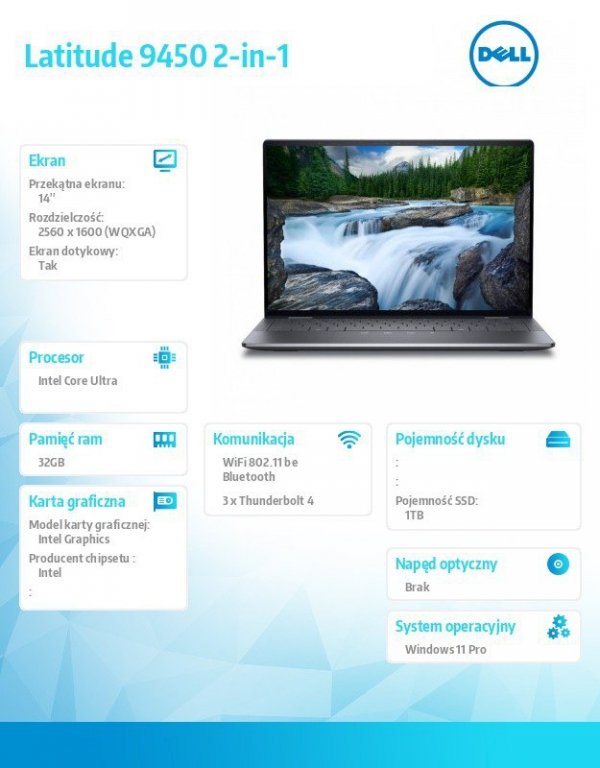 Dell Notebook Latitude 9450 2in1 Win11Pro Ultra 7 165U/32GB/1TB SSD Gen4/14.0 QHD+ Touch/Int/FgrPr/FHD/IR Cam/Mic/WLAN+BT/Backli