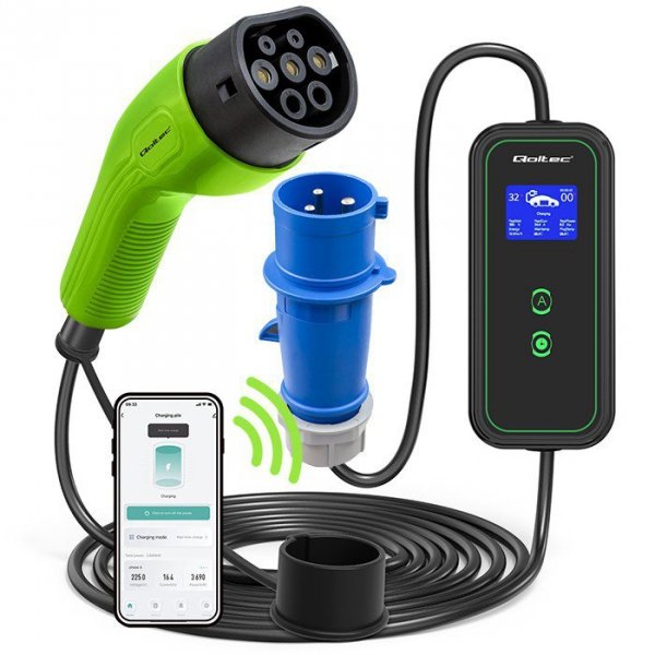 Qoltec Mobilna ładowarka do samochodu elektrycznego EV z regulacją 2w1  Typ2 | 7kW | 230V | CEE 3 PIN | WiFi | LCD | Przenosna |