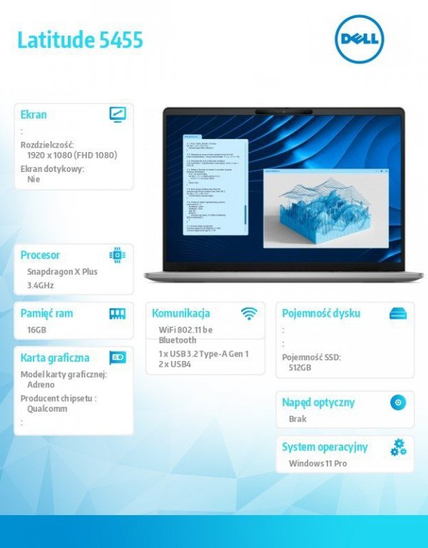 Dell Notebook Latitude 5455 Win11Pro Snapdragon X Plus 10C 16GB/512GB SSD Gen4/14.0 FHD/Integrated/FgrPr/FHD/IR Cam/Mic/WLAN+BT/