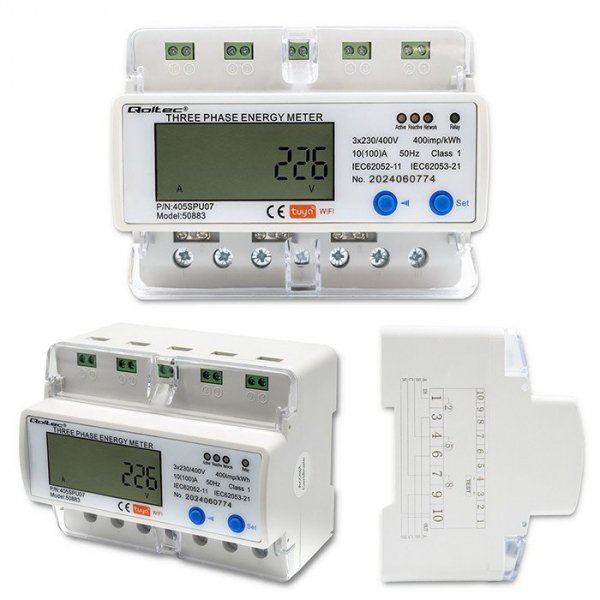 Qoltec Trójfazowy elektroniczny licznik | miernik zużycia energii na    szynę DIN | 400V | LCD | Wi-Fi