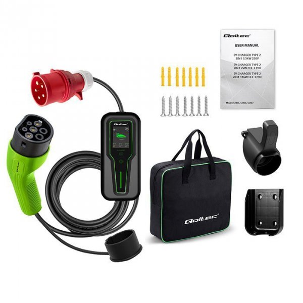 Qoltec Mobilna ładowarka do samochodu elektrycznego EV z regulacją 2w1  Typ2 | 7kW | CEE 3 PIN | 230V | LCD | Przenośna | Wallbo