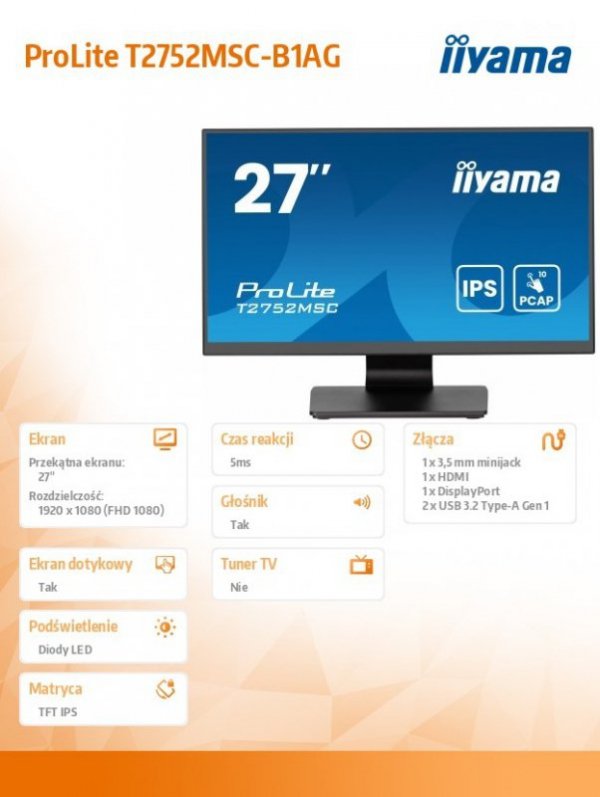 IIYAMA Monitor 27 cali T2752MSC-B1AG 10 PKT. POJ,IPS,HDMI,DP,2x1W,7H,2xUSB,  400cd/m2,AG-(Anti Glare)