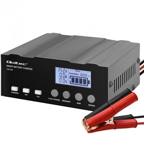 Qoltec Inteligentna mikroprocesorowa ładowarka 12V | 12.6V | 24V |Prostownik z funkcją naprawy do akumulatora AGM GEL LiFePO4 | 