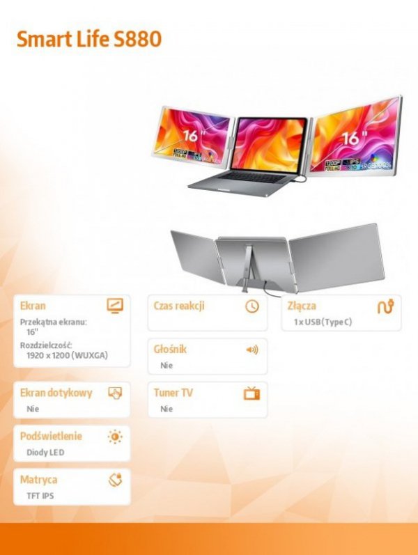 Extralink Przenośne monitory do laptopa Smart Life S880 16 &#039;&#039; 2 monitory,IPS,1920x1200