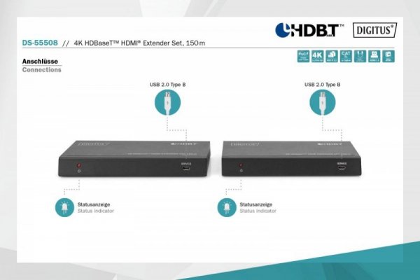 Digitus Przedłużacz / Extender HDMI HDBaseT 150m kat.5e/6/74K 60Hz PoC (Power over Cable) IR audio (zestaw)