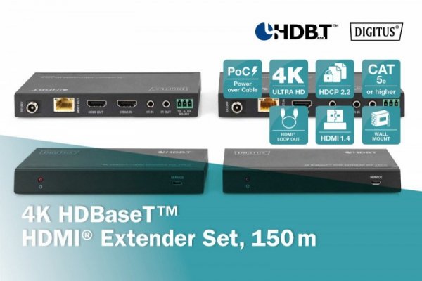 Digitus Przedłużacz / Extender HDMI HDBaseT 150m kat.5e/6/74K 60Hz PoC (Power over Cable) IR audio (zestaw)