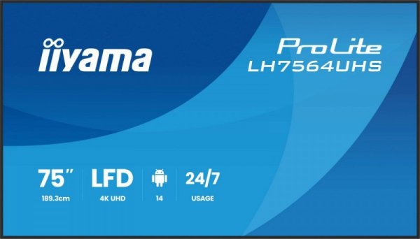 IIYAMA Monitor 75 cali LH7564UHS-B1AG, 24/7,VA,ANDROID14,4K,500cd,5000:1,    2xHDMI ,USB-C,RJ45, RS-232c, IR, 2x10W, 2xUSB, UCHW