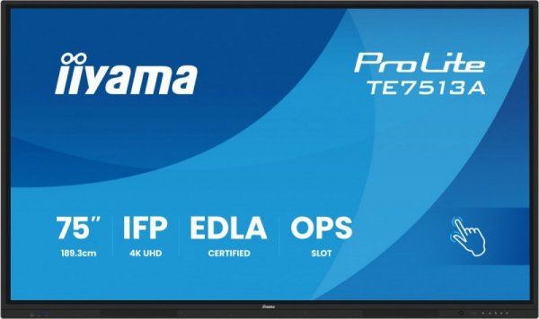 IIYAMA Monitor 75 cali TE7513A-B1AG INFRARED,40pkt,IPS,4K,7H,450cd/m2,      WiFi,USB, ANDROID 14, Google EDLA,2x20W, UCHWYT CIENNY