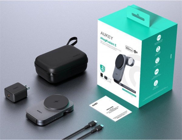 AUKEY LC-MC312 Slim 3w1 ładowarka bezprzewodowa MagSafe Qi2 15W  + ładowarka PD 30W + Etui