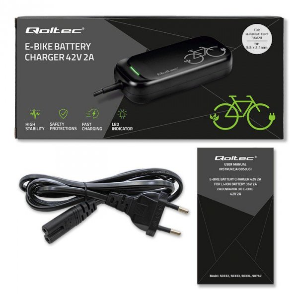 Qoltec Ładowarka do roweru skutera elektrycznego 36V | 42V | 2A | 5.5*2.1 | wodoodporna + kabel zasilający