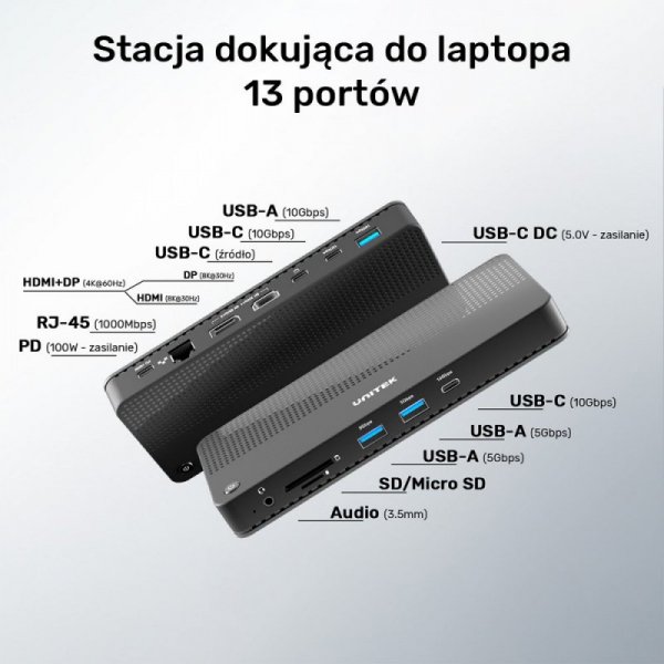 Unitek Stacja dokująca 12w1 USB-C, HDMI 2.1, USB 4, PD 100W; D1079A