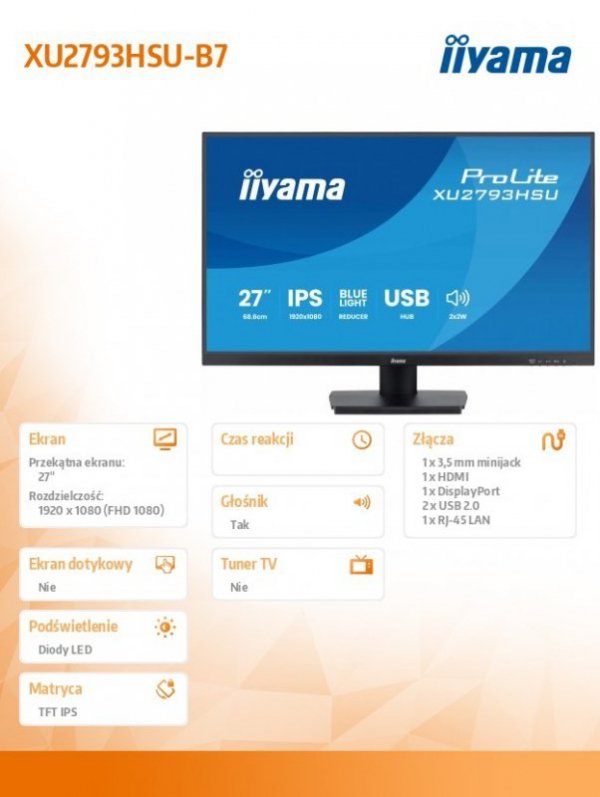 IIYAMA Monitor 27 cali XU2793HSU-B7 IPS.HDMI.DP.2x2W.1ms.100Hz.USBx2.300cd/m2.FlickerFree