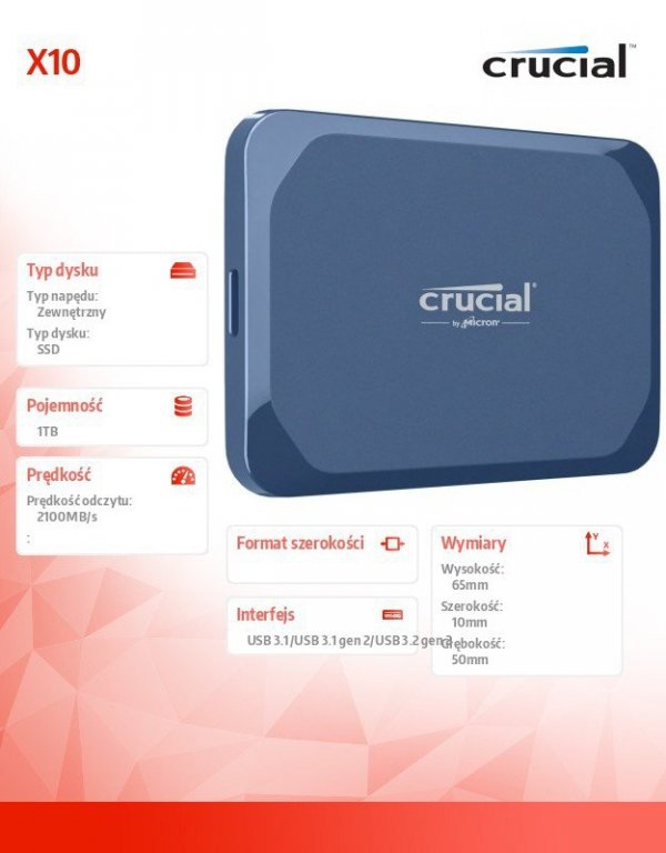 Crucial Dysk zewnętrzny SSD X10 1TB USB-C 2100MB/s