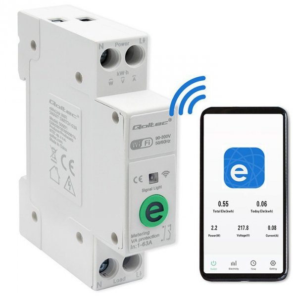 Qoltec Przekaźnik 63A na szynę DIN z licznikiem energii elektrycznej |  eWeLink od Sonoff | Wi-Fi | Dioda LED