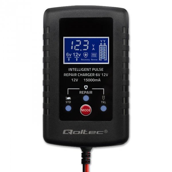 Qoltec Automatyczna ładowarka do akumulatora AGM GEL STD 6V/12V | 2A |  Prostownik z funkcją naprawy i wyświetlaczem LED