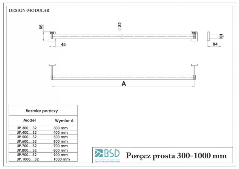 Gerader Handlauf für barrierefreies Bad 70 cm  aus rostfreiem Edelstahl ⌀ 32 mm MODULAR