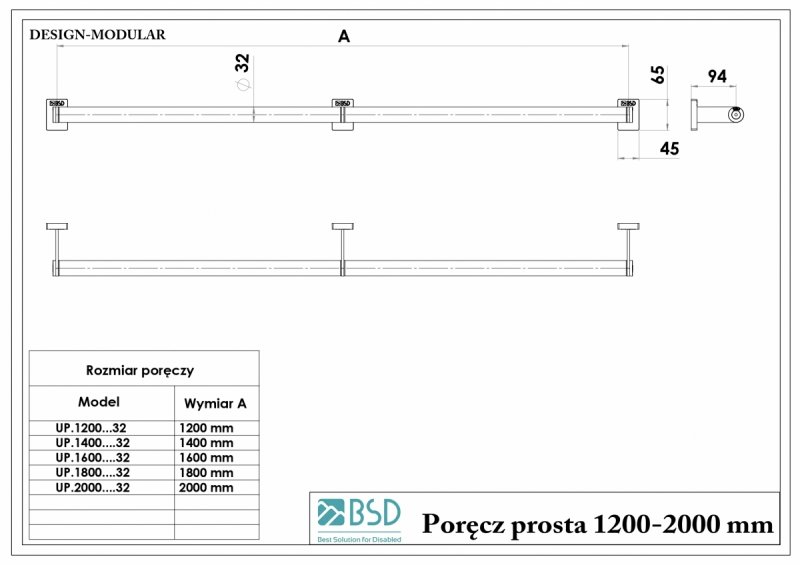 Gerader Handlauf für barrierefreies Bad 140 cm aus rostfreiem Edelstahl ⌀ 32 mm