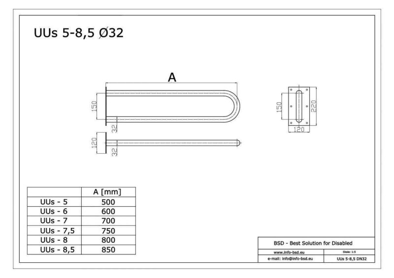 Stützgriff für barrierefreies Bad aus rostfreiem Edelstahl 85 cm ⌀ 32 mit Abdeckplatten  