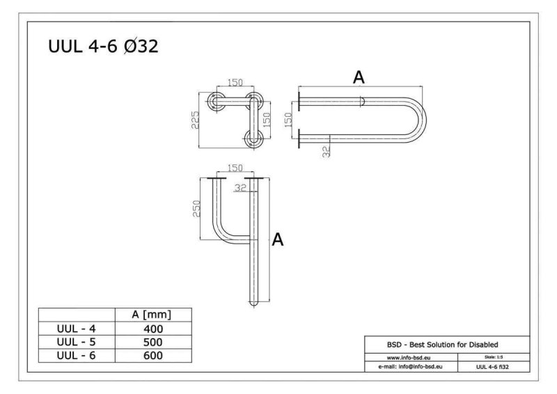 Stützgriff für barrierefreies Bad links montierbar 50 cm ⌀ 32 mm mit Abdeckrosetten