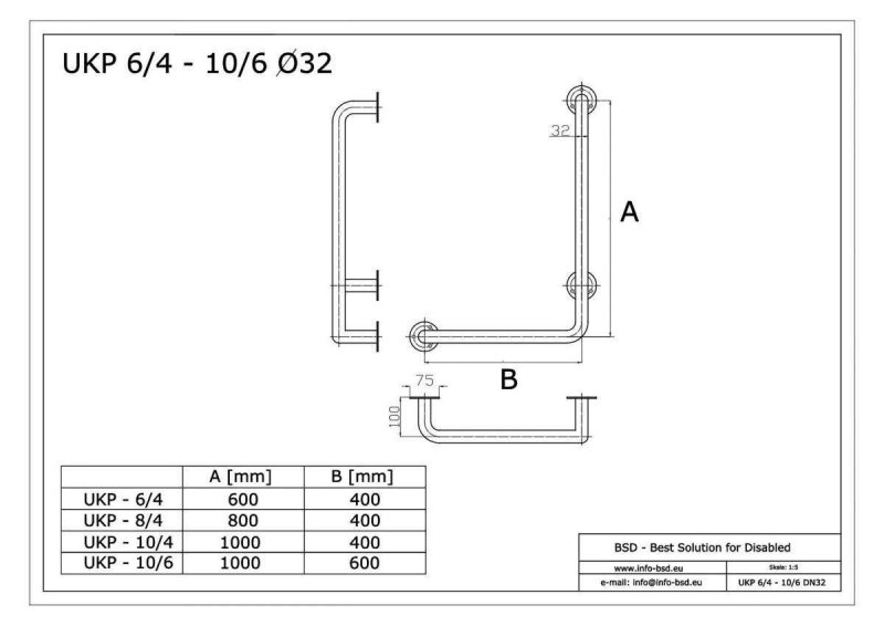 Winkelgriff 60/40 cm für barrierefreies Bad rechts montierbar weiß ⌀ 32 mm mit Abdeckrosetten